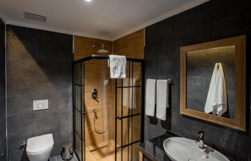 een badkamer met een douche, een wastafel en een toilet bij GÜRSOY EXCLUSIVE HOTEL in Trabzon