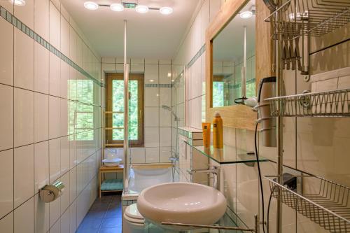 a bathroom with a toilet and a sink at Waldvilla BERGSEE in Bodensdorf