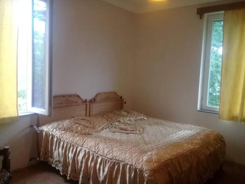 een bed in een slaapkamer met 2 ramen bij Amiran's Guesthouse - Wine Cellar - Fish Farm - near Batumi in K'eda
