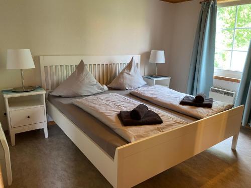 ein großes Bett mit zwei Kissen darüber in der Unterkunft THE KREIDESEE 47 - Hemmoor in Hemmoor