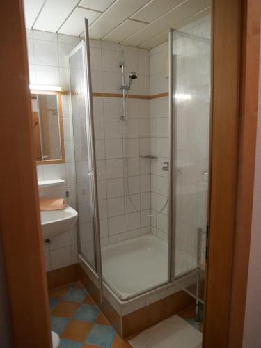 a bathroom with a shower and a sink at Haus Alpenflora in Werfenweng