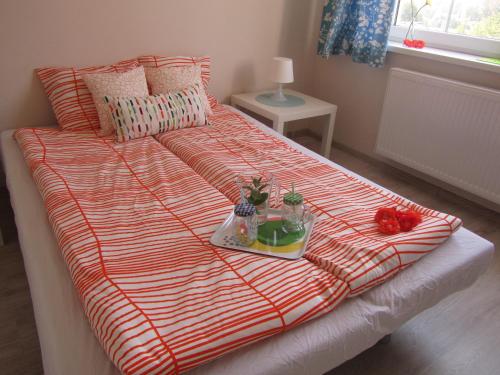 uma cama com um cobertor laranja e branco e uma bandeja em Słoneczna Villa em Mrągowo