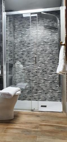 uma casa de banho com uma cabina de duche em vidro e um WC. em Apartamento Carmen em Morro del Jable