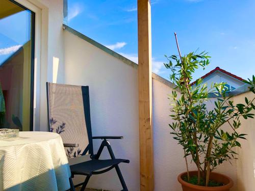 a chair and a table and a plant on a balcony at Ferienwohnung Marienhöhe in Nördlingen