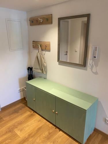 een groene kast in een kamer met een spiegel bij Ferienwohnung Lichterhof in Sebnitz
