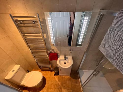 a bathroom with a toilet and a sink and a mirror at Central Room in Milton Keynes