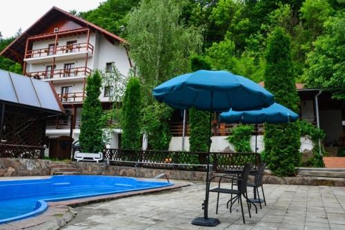 un patio con due sedie e un ombrellone accanto alla piscina di Vila Maria Bran a Şimon