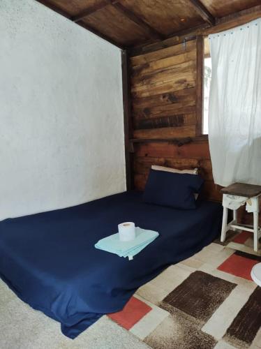 a room with a blue bed with a roll of toilet paper on it at Sustainable Cabain in Cozumel
