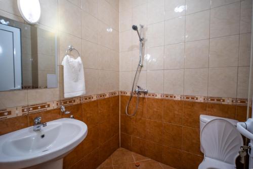 uma casa de banho com um chuveiro, um lavatório e um WC. em Stefaniya Apartments em Sozopol