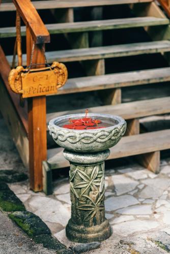 a stone bird bath with a red flower in it at Turtle Inn by Francis Ford Coppola in Placencia Village