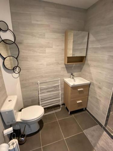 une salle de bain avec toilettes et lavabo dans l'établissement SETE : Hyper centre piéton Haussmannien 2, à Sète
