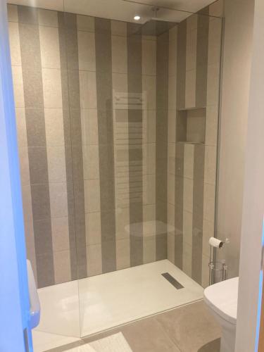 a glass shower in a bathroom with a toilet at The Oaks Stable cottage in Haughley