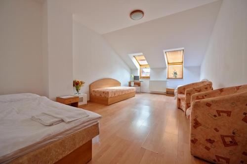 a large room with a bed and a couch at Penzión a Reštaurácia u Jeleňa in Stará Ľubovňa