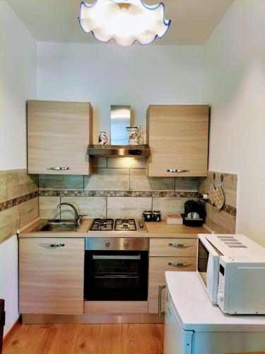 a kitchen with a stove and a microwave at Green Riviera Case Vacanza in Borzonasca