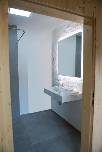 a bathroom with a sink and a mirror at Haflingerstall in Neudiehman