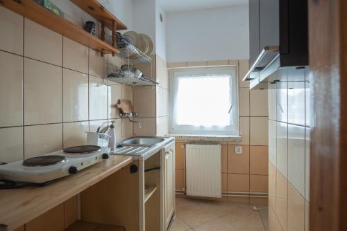 a small kitchen with a sink and a stove at Dom w Borach in Legbąd