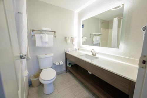 a bathroom with a toilet and a sink and a mirror at Hawthorn Extended Stay by Wyndham Panama City Beach in Panama City Beach