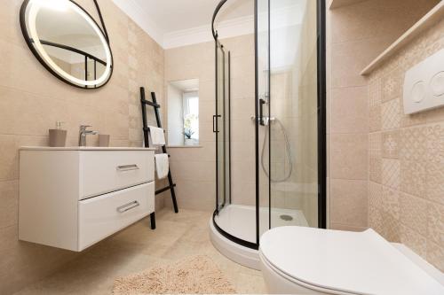 y baño con ducha, aseo y lavamanos. en Apartment Miko, en Sveti Ivan Dobrinjski