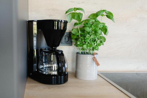 Příslušenství pro přípravu čaje a kávy v ubytování Küsten Suite Süd - seitliche Wasserlage, Terrasse, 70qm