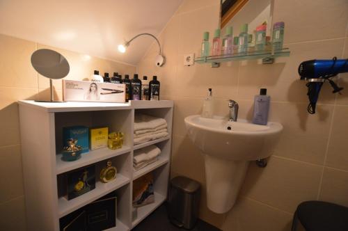 a bathroom with a sink and a toilet and a mirror at The White House Austria in Lind ob Velden
