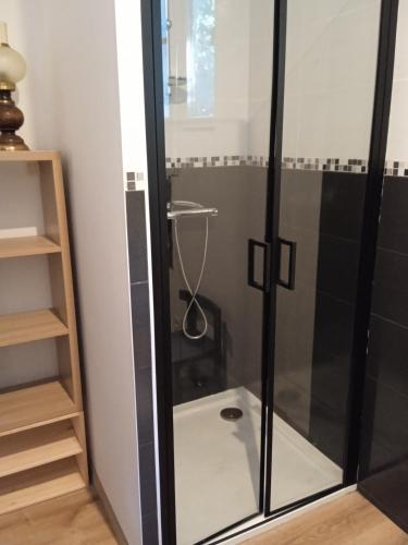 une douche avec une porte vitrée dans une salle de bain dans l'établissement gite la cordée, à Lavans-lès-Saint-Claude