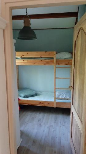 a bedroom with two bunk beds in a room at Bungalow de Pluumpot in Scherpenisse