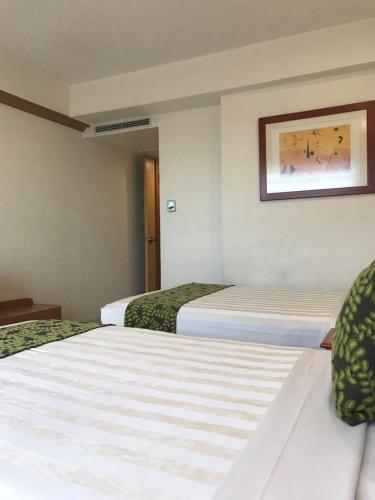 a hotel room with two beds and a picture on the wall at Hotel Aeropuerto in Mexico City