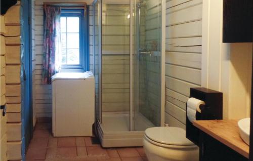 a bathroom with a shower and a toilet and a sink at Solbakken in Vikersund