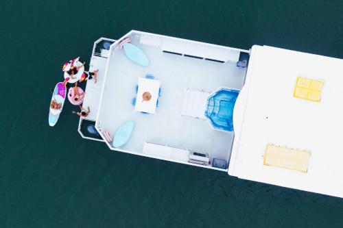 an overhead view of a boat in the water at Coomera Houseboats in Gold Coast