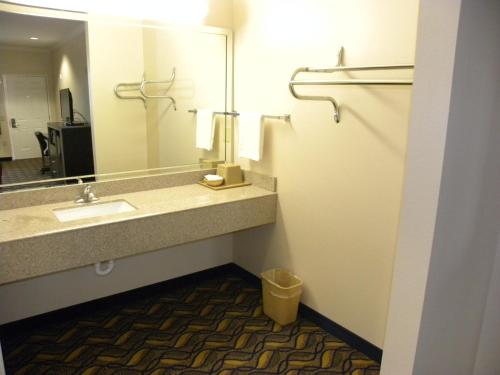 a bathroom with a sink and a mirror at Palace Inn Kingwood in Humble