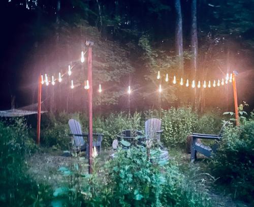 a garden at night with chairs and lights at Cozy Cottage with Jacuzzi and Fire Pit and Reading Nook! in Livingston Manor