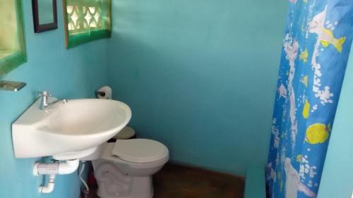 a blue bathroom with a sink and a toilet at Waikiki Guest House in Treasure Beach