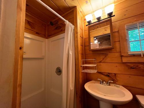 y baño con lavabo, aseo y espejo. en English Brook Cottages, en Lake George