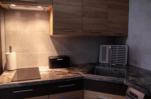 a kitchen with a sink and a counter top at AllureInn Hotel and Spa in Chernivtsi