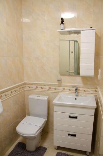 a bathroom with a toilet and a sink and a mirror at AllureInn Hotel and Spa in Chernivtsi
