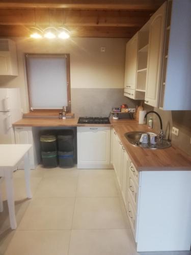 a kitchen with white cabinets and a sink at Domek w Cisnej pod Honem 2 in Cisna