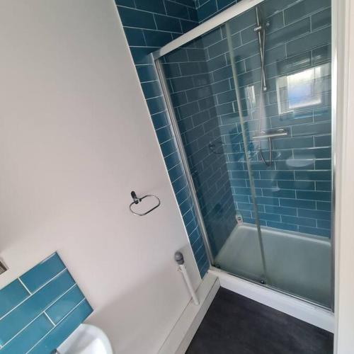 La salle de bains est pourvue d'une douche en verre et de toilettes. dans l'établissement Groundfloor One Bedroom Apartment, à Ryde
