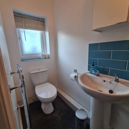 La salle de bains est pourvue de toilettes blanches et d'un lavabo. dans l'établissement Groundfloor One Bedroom Apartment, à Ryde