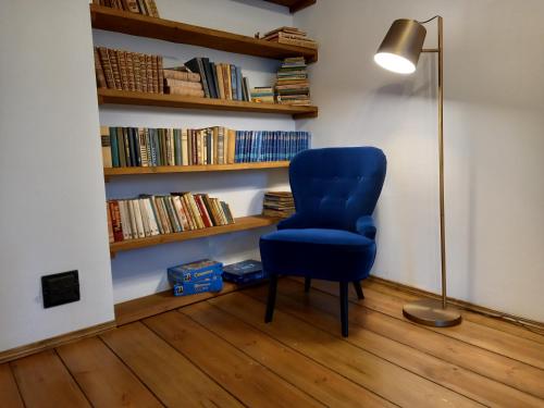 a blue chair sitting in a room with bookshelves at Tūrisma mītne ZVIEDRI in Līgatne