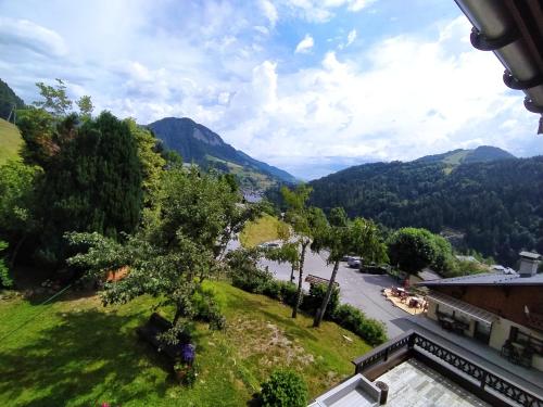 a view of a river and mountains from a building at Chalet Appart'Hôtel l'Eau Vive in Saint-Nicolas-la-Chapelle