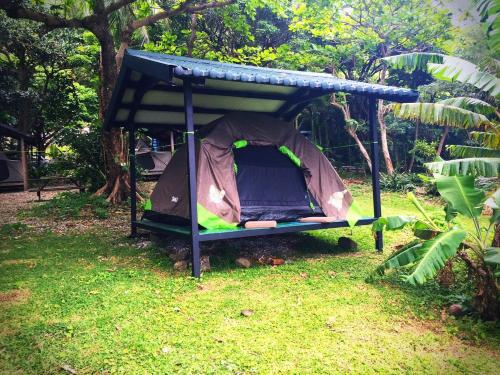 a camping tent with a canopy in the grass at Jimmy Explorer Campsite and Dive Center in Lanyu