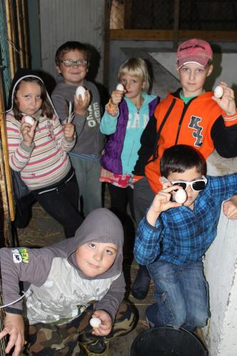 a group of children posing for a picture with wii controllers at Wioska pod Kogutem in Krępa