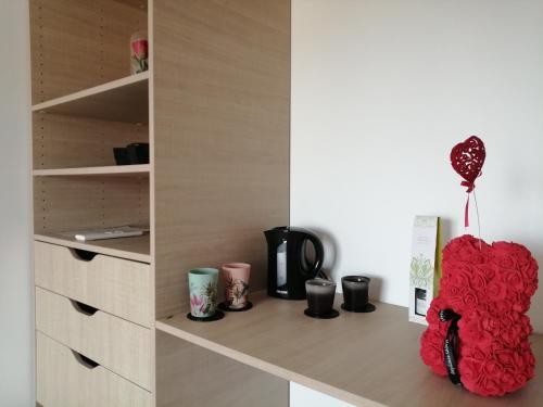 Habitación con escritorio con una flor roja en un estante en EVANA, en Bize-Minervois