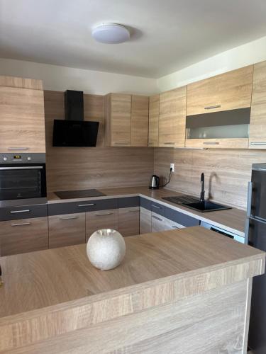 a kitchen with wooden cabinets and a bowl on a counter at apartmánový dom Magda in Vrbov