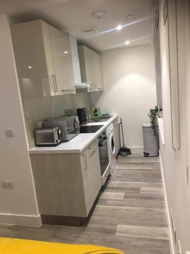 a small kitchen with a sink and a microwave at Stylish Apartment, Beach & Town 2 min walk in Bournemouth