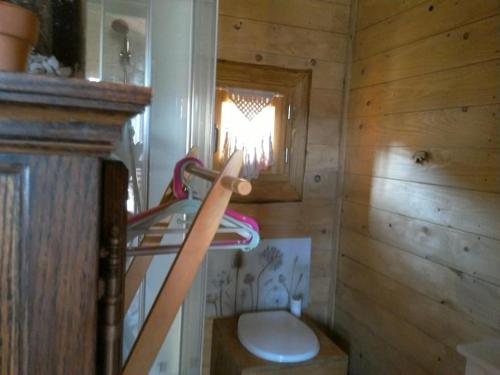 a small bathroom with a toilet in a wooden cabin at Chalet sur Pilotis Ane'ita de l'Arbenquens in La Mure