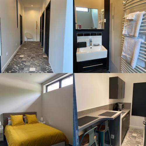 - deux images d'une chambre avec un lit et une salle de bains dans l'établissement Chambre tout confort avec commodités espace repas wifi parking, à Wimereux