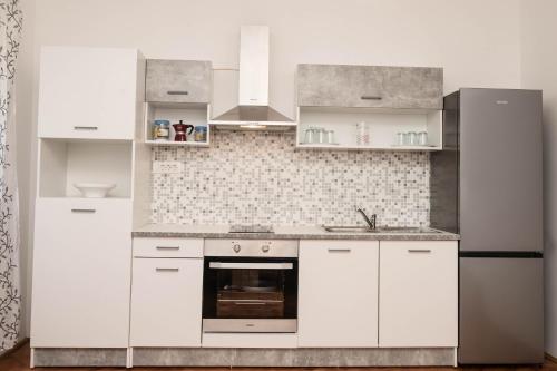 a white kitchen with white cabinets and appliances at Apartment Marta in Raša