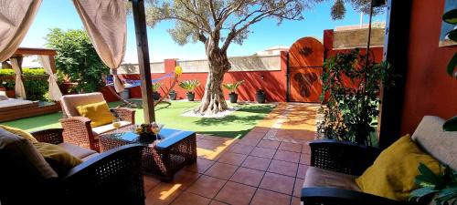 a patio with chairs and a table and a tree at CASA BALIMAR in Tarajalejo