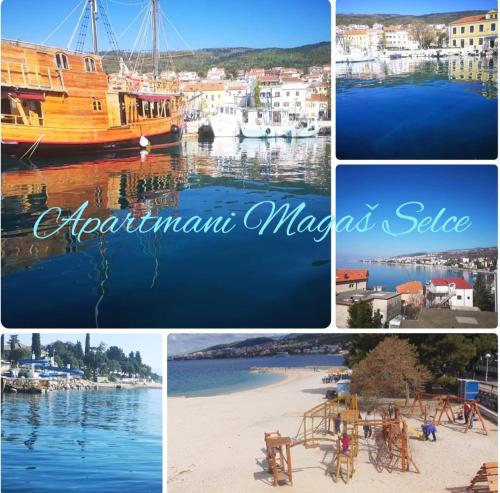 a collage of photos of a harbor with boats at Apartmani Magaš in Selce